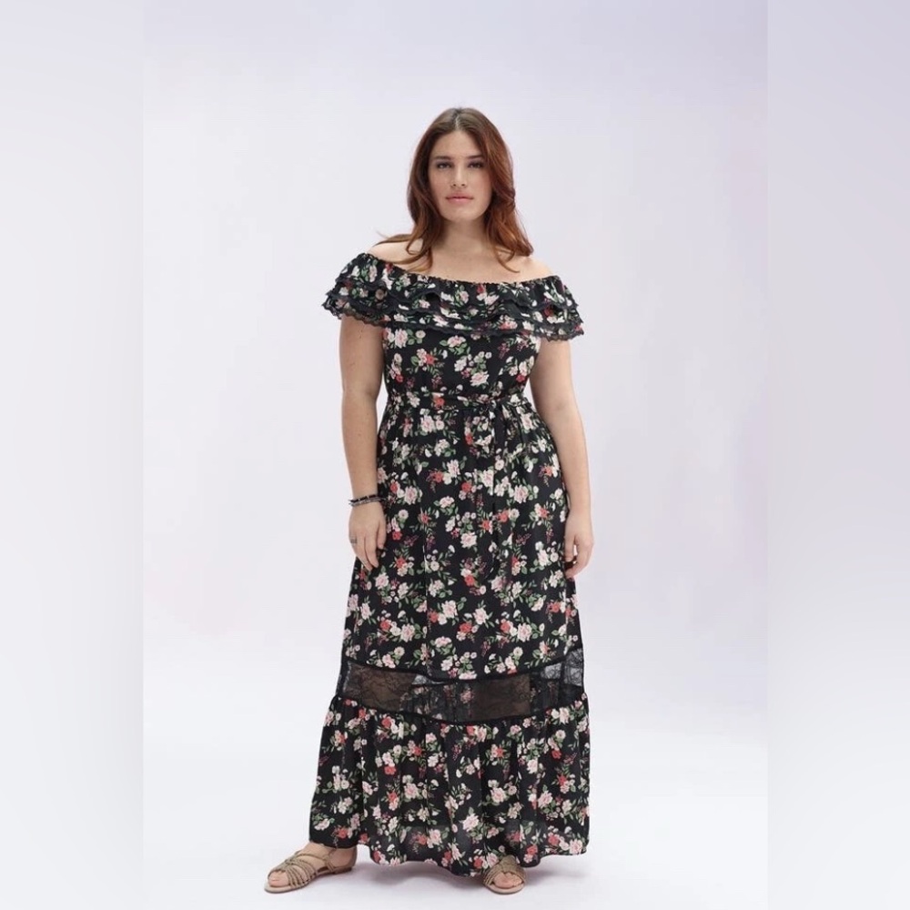 City Chic Free Love Floral Maxi Dress w/ lace trim Plus Size 14